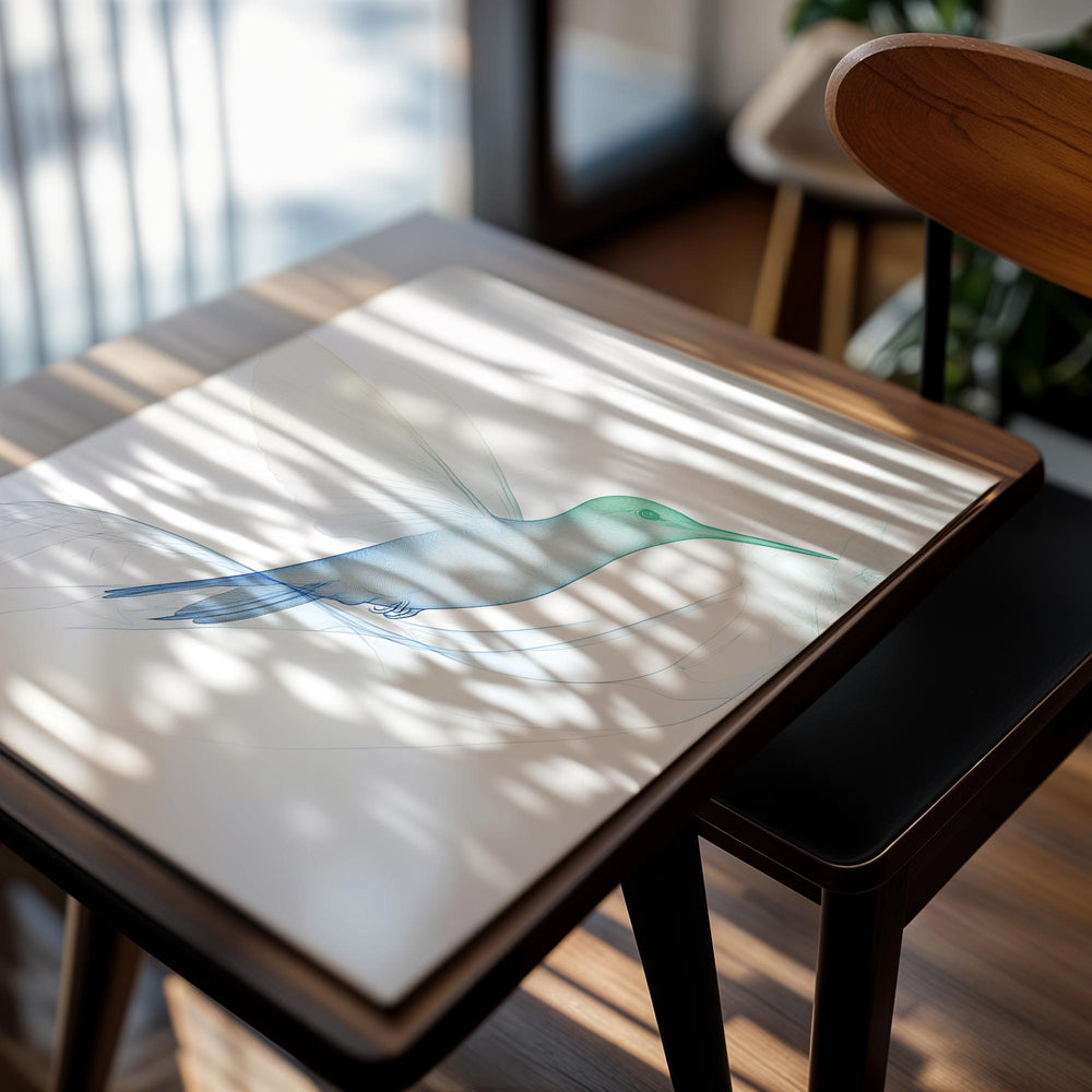 Artistic depiction of a hummingbird with a gradient color effect on a white background, as a premium aluminum metal print from GoMetalPrint.
