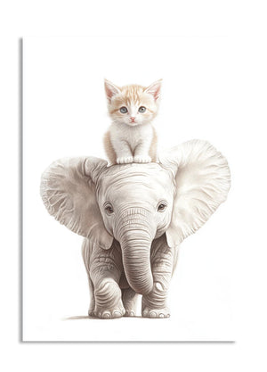 Illustration of a kitten sitting on an elephant's head against a white background, as a premium aluminum metal print from GoMetalPrint.
