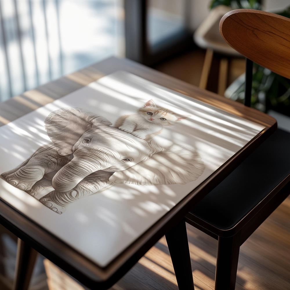 Illustration of a kitten sitting on an elephant's head against a white background, as a premium aluminum metal print from GoMetalPrint.

