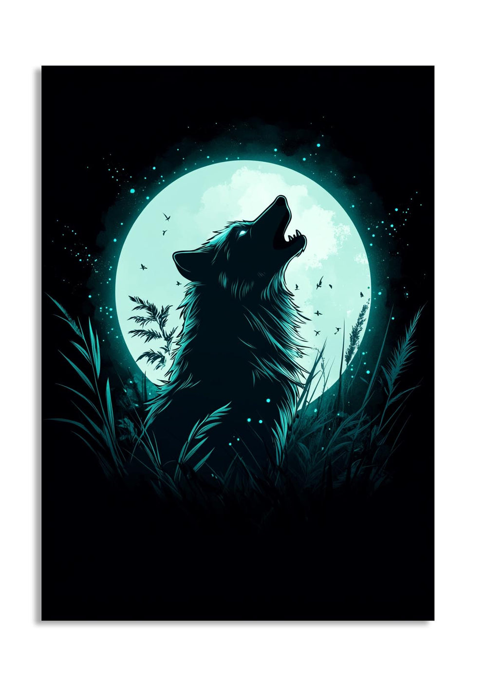 Wolf howling at a full moon with a dark background, as a premium aluminum metal print from GoMetalPrint.
