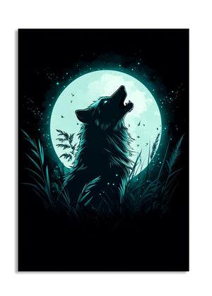 Wolf howling at a full moon with a dark background, as a premium aluminum metal print from GoMetalPrint.
