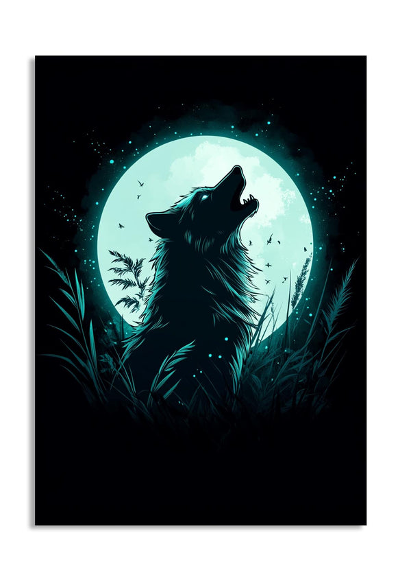 Wolf howling at a full moon with a dark background, as a premium aluminum metal print from GoMetalPrint.
