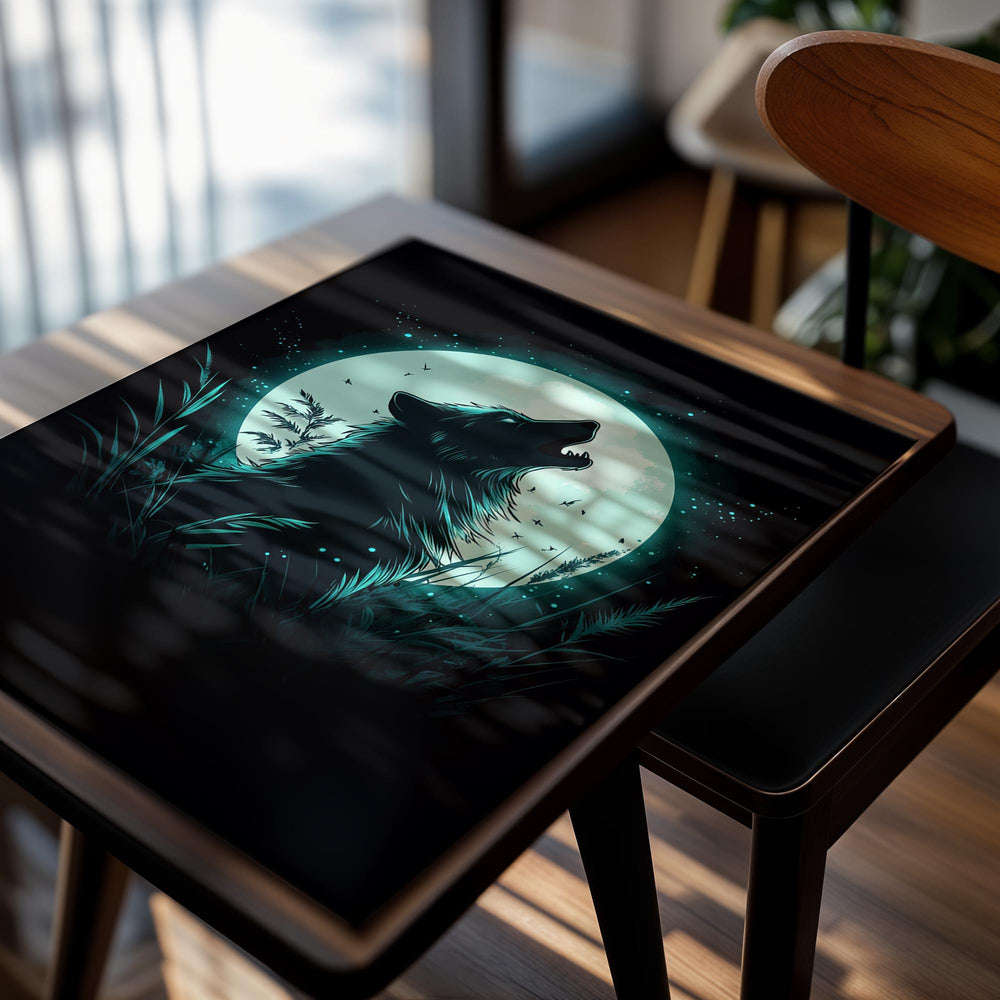 Wolf howling at a full moon with a dark background, as a premium aluminum metal print from GoMetalPrint.
