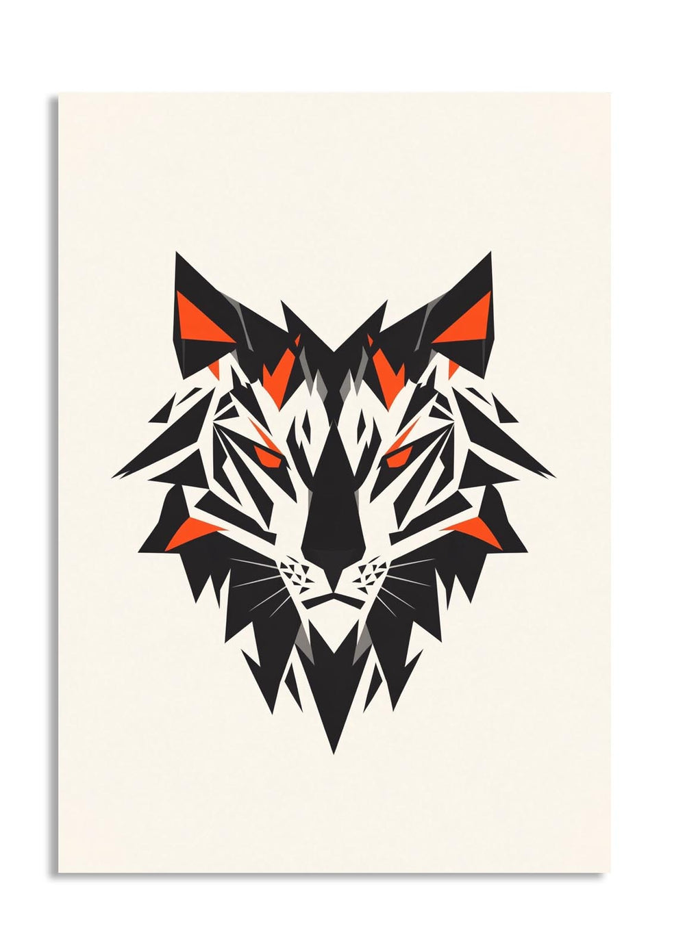 Geometric tiger head design on a beige background, as a premium aluminum metal print from GoMetalPrint.
