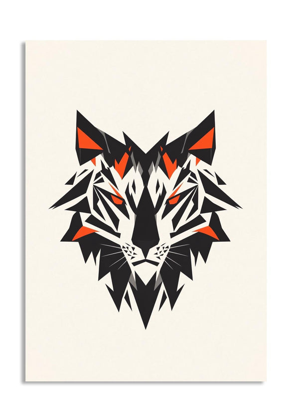 Geometric tiger head design on a beige background, as a premium aluminum metal print from GoMetalPrint.
