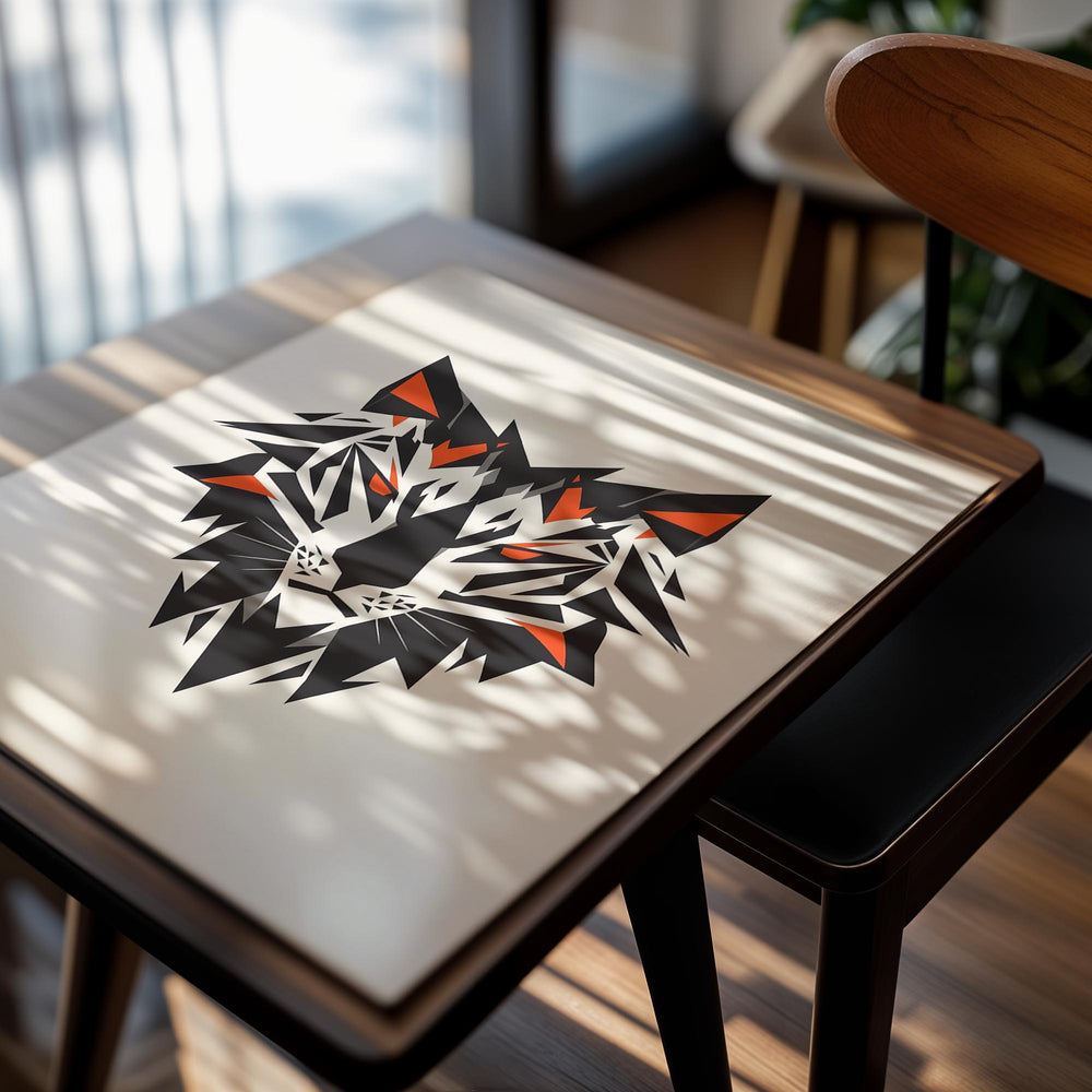 Geometric tiger head design on a beige background, as a premium aluminum metal print from GoMetalPrint.
