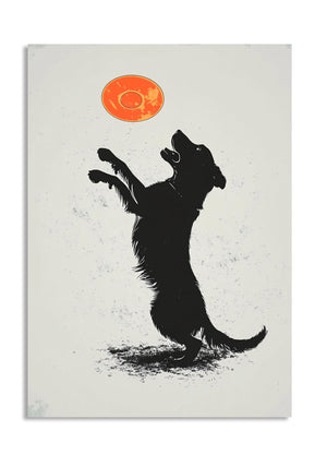 Black dog illustration reaching for an orange frisbee on a white background, as a premium aluminum metal print from GoMetalPrint.
