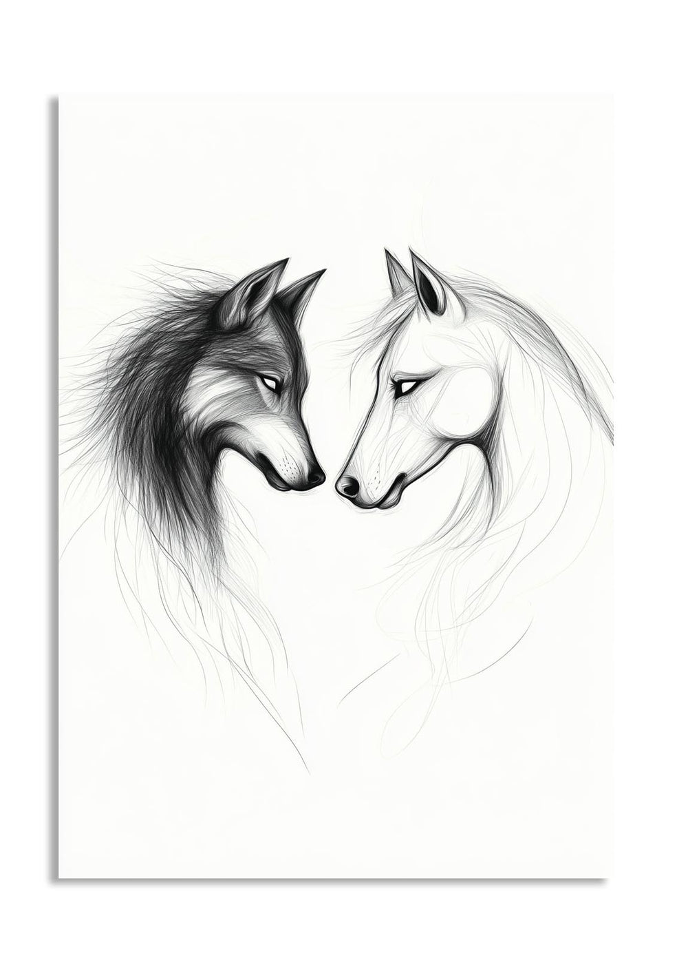 Black and white illustration of two horses facing each other on a white background , as a premium aluminum metal print from GoMetalPrint.
