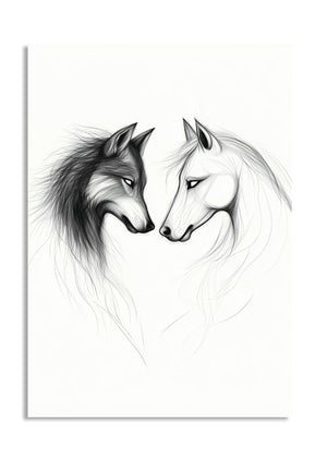 Black and white illustration of two horses facing each other on a white background , as a premium aluminum metal print from GoMetalPrint.
