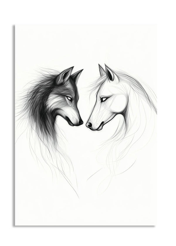 Black and white illustration of two horses facing each other on a white background , as a premium aluminum metal print from GoMetalPrint.
