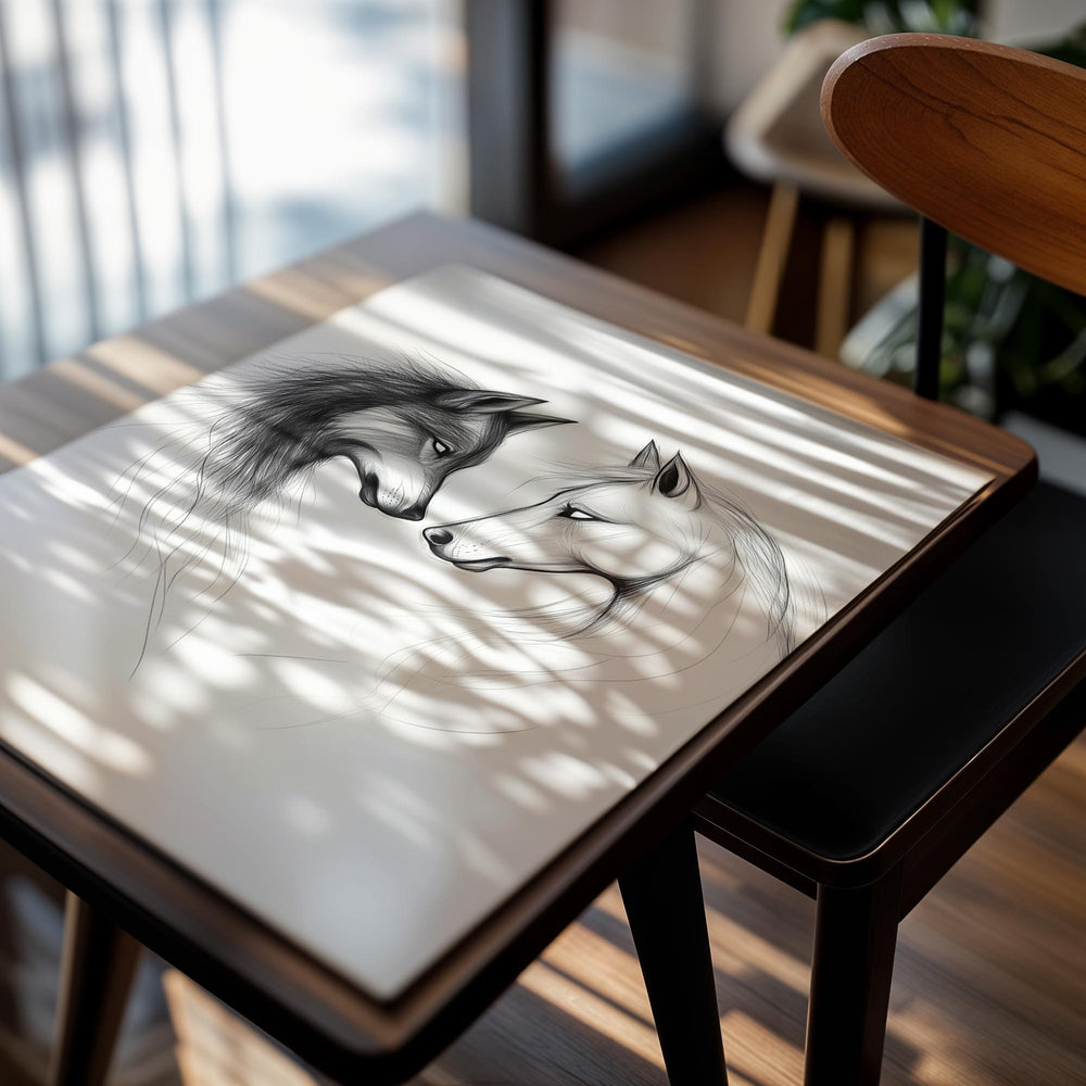 Black and white illustration of two horses facing each other on a white background , as a premium aluminum metal print from GoMetalPrint.
