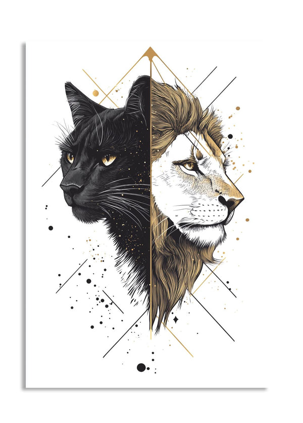 Illustration of a black cat and white lion side by side with geometric shapes and splashes of color, as a premium aluminum metal print from GoMetalPrint.
