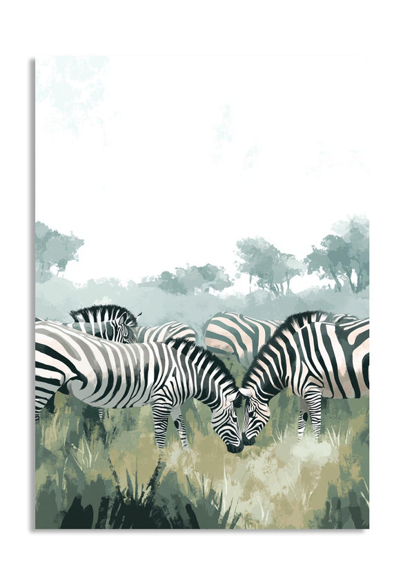 Illustration of zebras in a grassy field with a light blue sky, as a premium aluminum metal print from GoMetalPrint.
