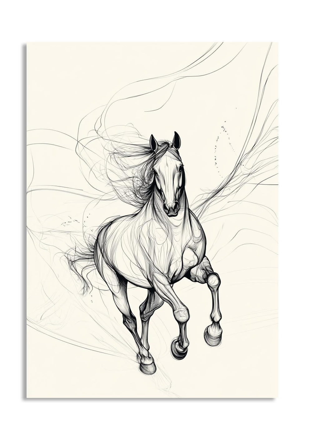 Black and white illustration of a horse on a beige background, as a premium aluminum metal print from GoMetalPrint.
