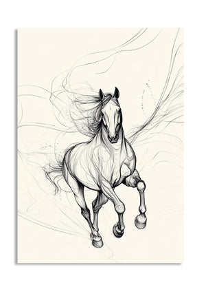 Black and white illustration of a horse on a beige background, as a premium aluminum metal print from GoMetalPrint.
