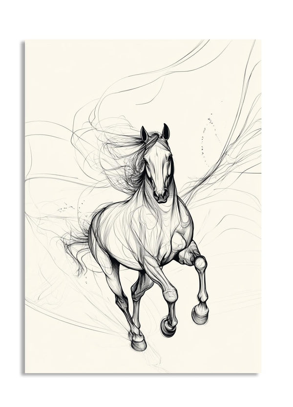 Black and white illustration of a horse on a beige background, as a premium aluminum metal print from GoMetalPrint.
