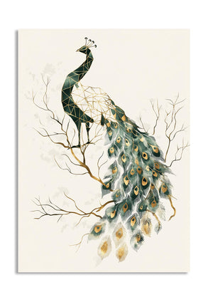 Artistic depiction of a peacock on a branch with a neutral background, as a premium aluminum metal print from GoMetalPrint.
