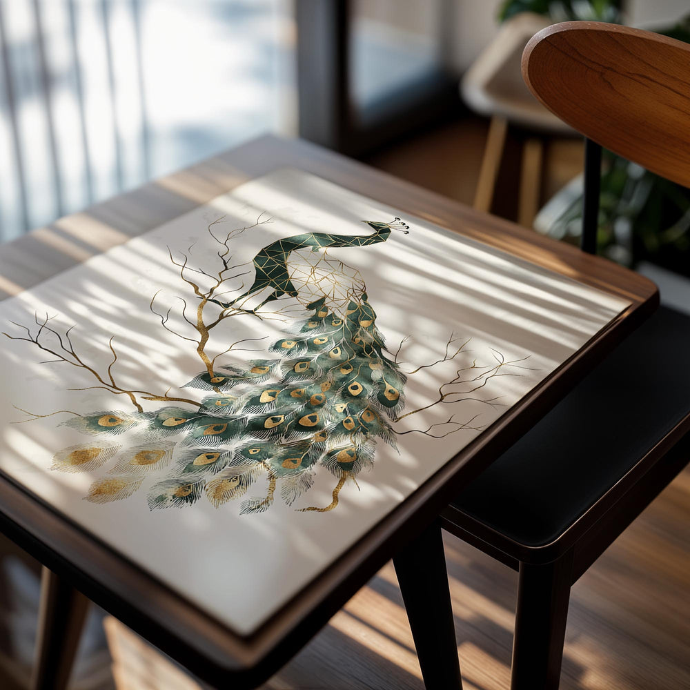Artistic depiction of a peacock on a branch with a neutral background, as a premium aluminum metal print from GoMetalPrint.
