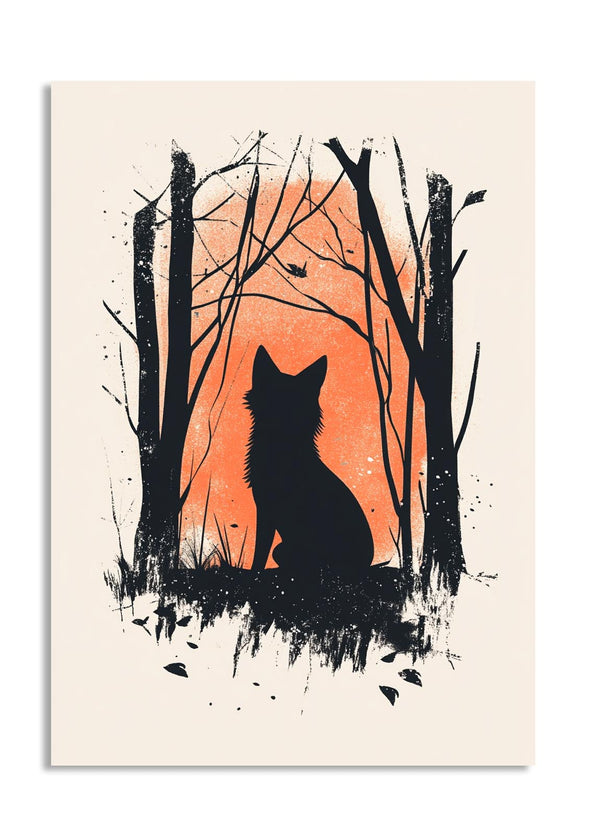 Silhouette of a fox sitting in a forest with an orange sky, as a premium aluminum metal print from GoMetalPrint.
