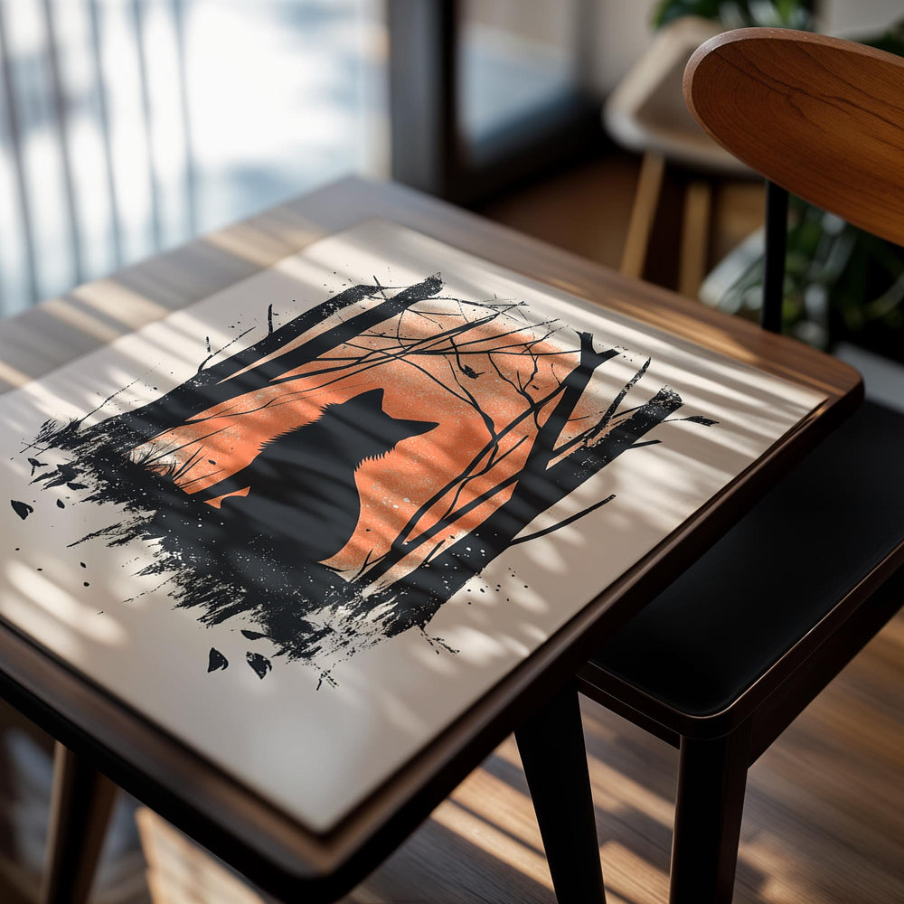 Silhouette of a fox sitting in a forest with an orange sky, as a premium aluminum metal print from GoMetalPrint.
