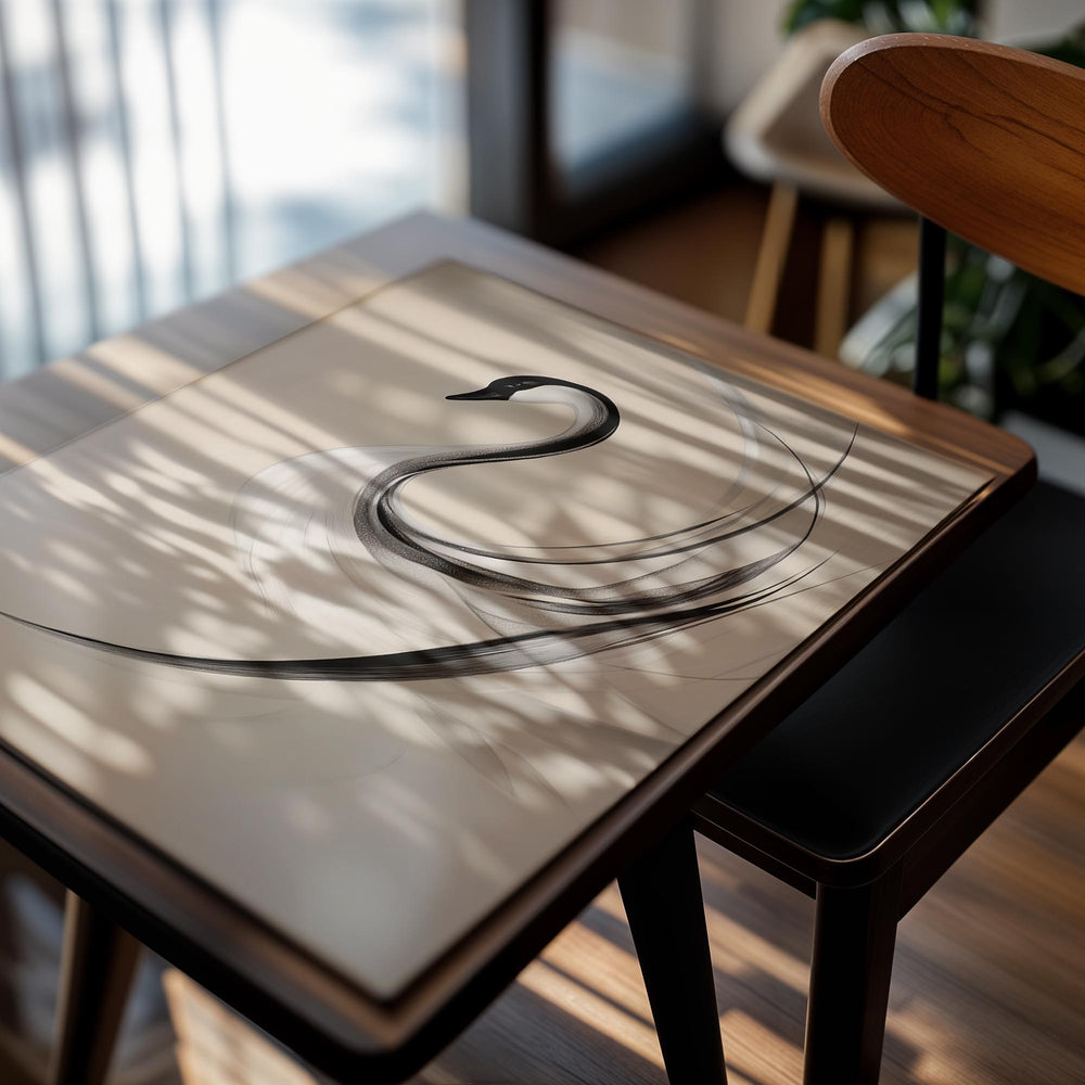 Abstract design of a swan with flowing lines on a beige background, as a premium aluminum metal print from GoMetalPrint.
