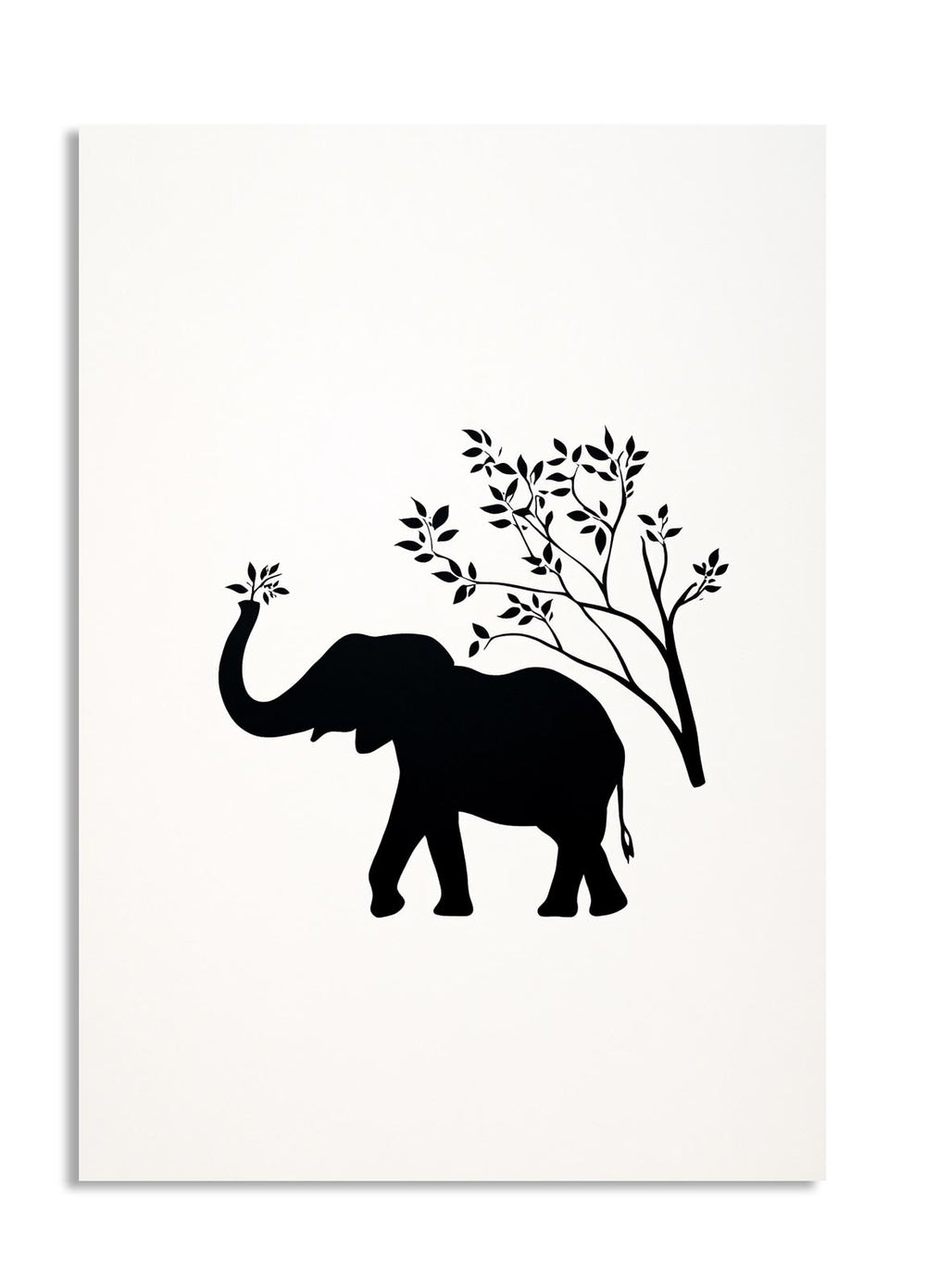 Black silhouette of an elephant holding a branch on a white background, as a premium aluminum metal print from GoMetalPrint.
