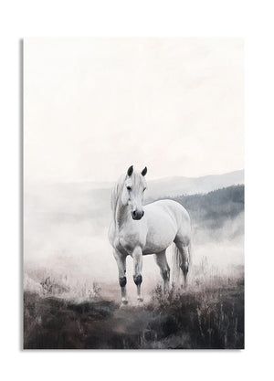 Black and white horse standing in a misty field, as a premium aluminum metal print from GoMetalPrint.
