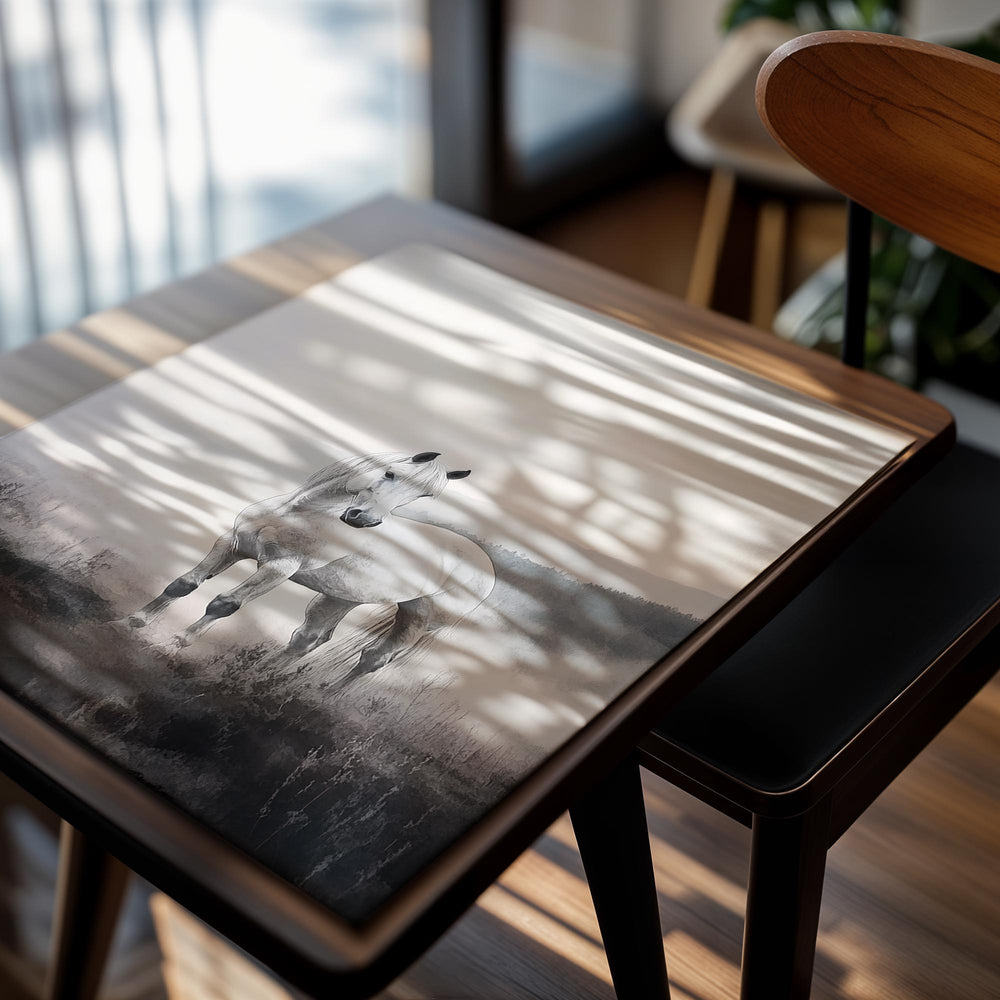 Black and white horse standing in a misty field, as a premium aluminum metal print from GoMetalPrint.
