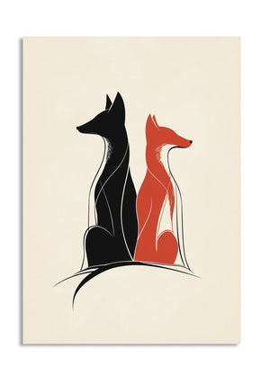 Abstract illustration of two foxes, one black and one red, on a beige background, as a premium aluminum metal print from GoMetalPrint.
