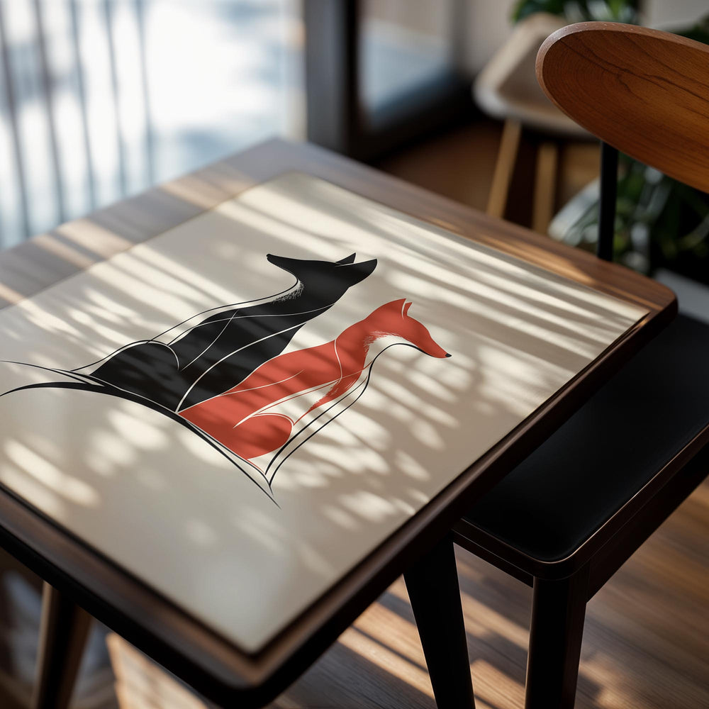 Abstract illustration of two foxes, one black and one red, on a beige background, as a premium aluminum metal print from GoMetalPrint.
