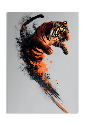 Artistic depiction of a tiger with orange and black stripes on a gray background, as a premium aluminum metal print from GoMetalPrint.
