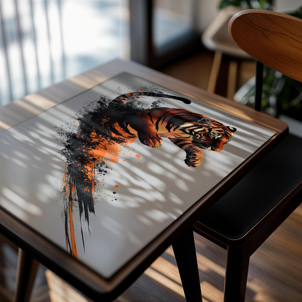Artistic depiction of a tiger with orange and black stripes on a gray background, as a premium aluminum metal print from GoMetalPrint.
