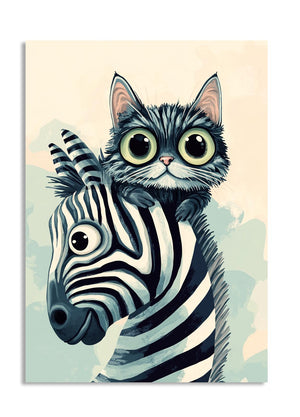 Illustration of a cat with zebra stripes on a light background, as a premium aluminum metal print from GoMetalPrint.
