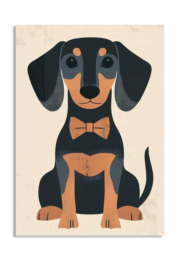 Illustration of a dachshund with a bow tie on a beige background, as a premium aluminum metal print from GoMetalPrint.
