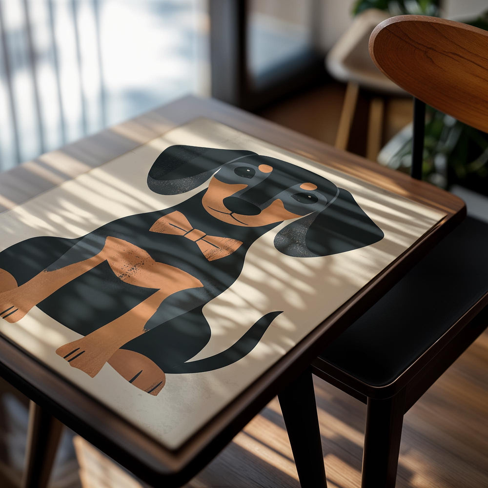 Illustration of a dachshund with a bow tie on a beige background, as a premium aluminum metal print from GoMetalPrint.
