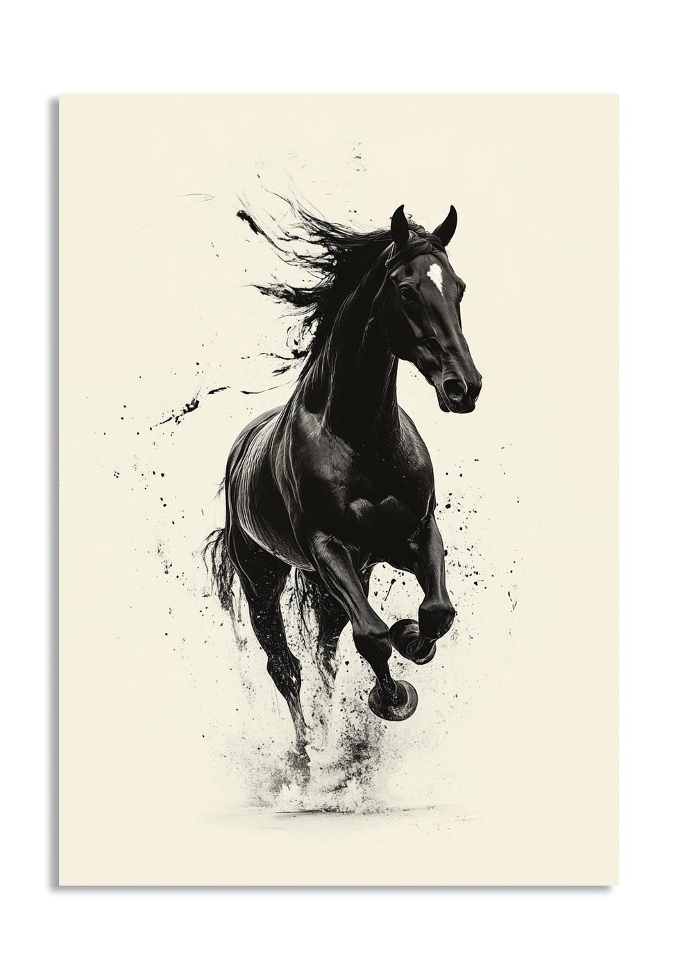 Black horse running in water on a beige background, as a premium aluminum metal print from GoMetalPrint.
