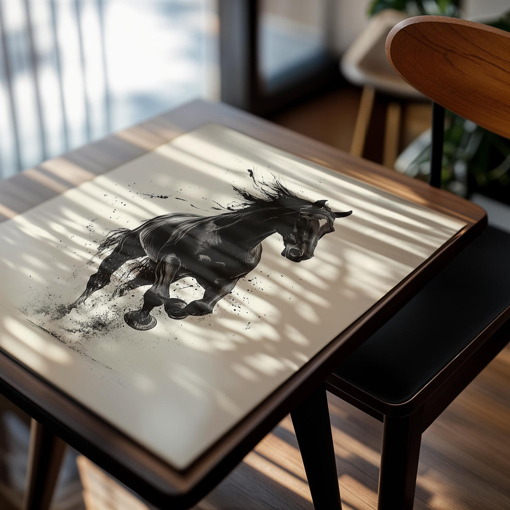 Black horse running in water on a beige background, as a premium aluminum metal print from GoMetalPrint.
