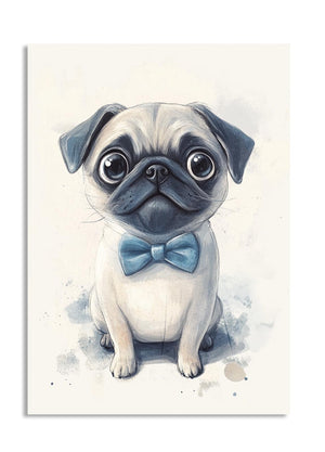Illustration of a pug wearing a bow tie on a light background, as a premium aluminum metal print from GoMetalPrint.
