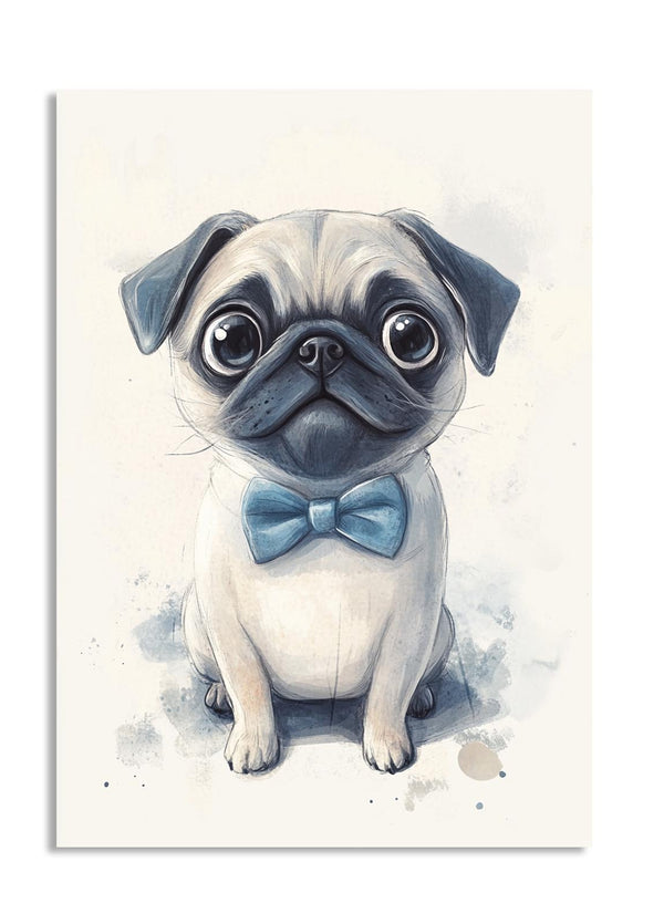 Illustration of a pug wearing a bow tie on a light background, as a premium aluminum metal print from GoMetalPrint.
