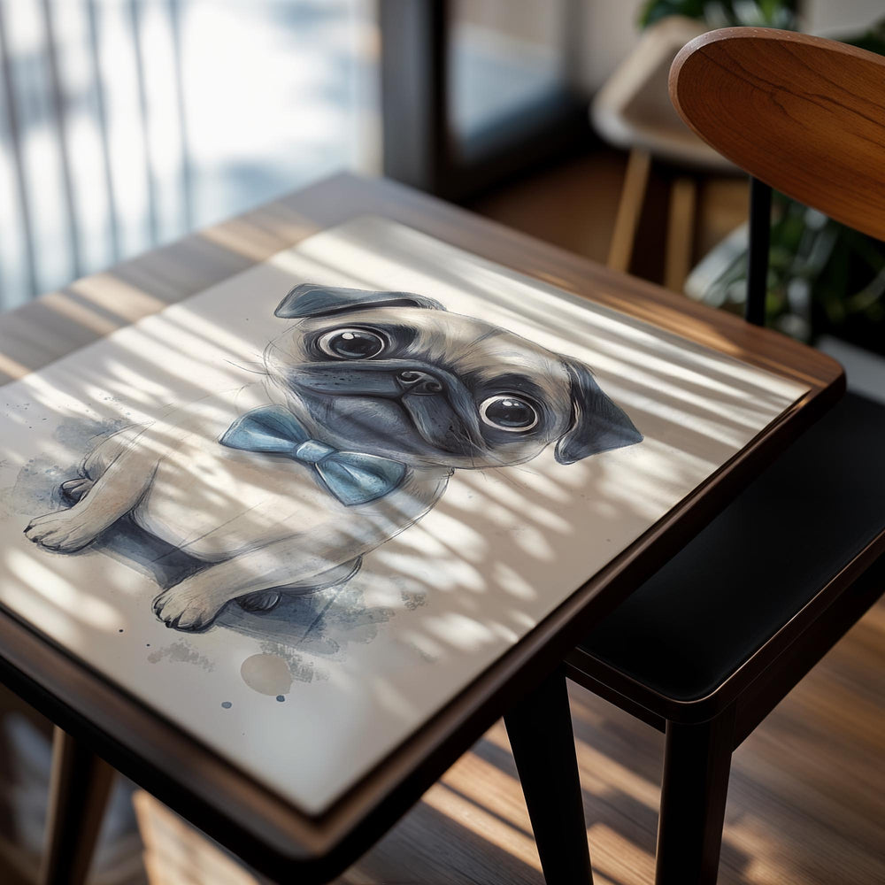 Illustration of a pug wearing a bow tie on a light background, as a premium aluminum metal print from GoMetalPrint.
