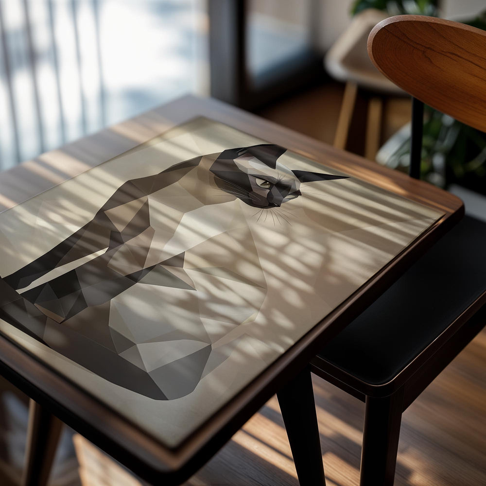 Geometric cat illustration on a beige background, as a premium aluminum metal print from GoMetalPrint.
