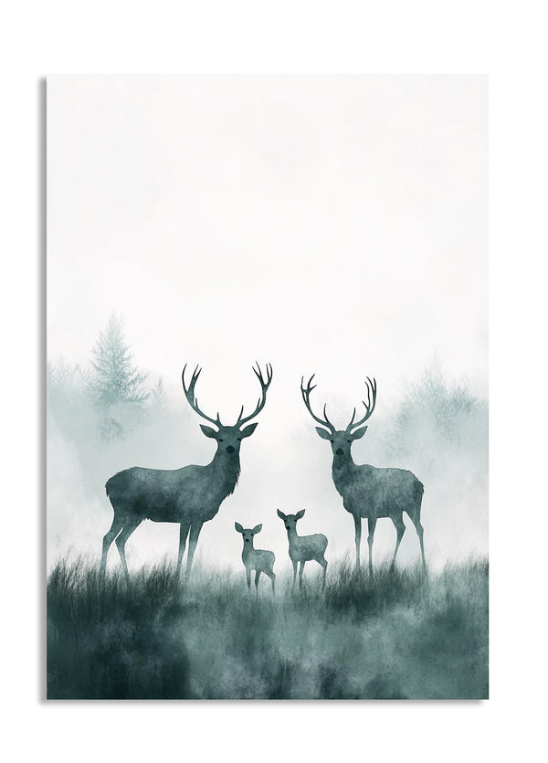 Two deer and two fawns standing in a misty forest landscape, as a premium aluminum metal print from GoMetalPrint.
