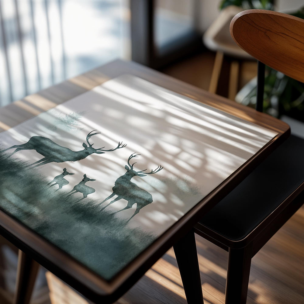 Two deer and two fawns standing in a misty forest landscape, as a premium aluminum metal print from GoMetalPrint.
