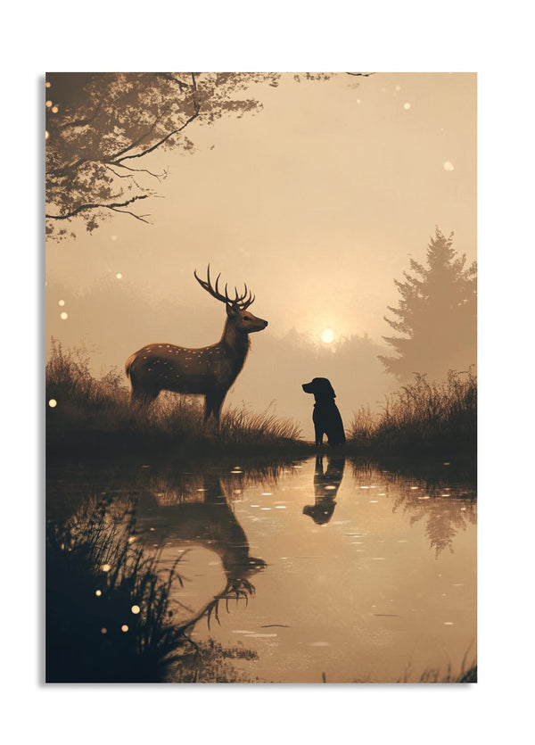 Silhouette of a deer and a dog by a reflective lake at sunset, as a premium aluminum metal print from GoMetalPrint.
