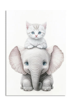 Illustration of a kitten sitting on an elephant's head with a white background , as a premium aluminum metal print from GoMetalPrint.
