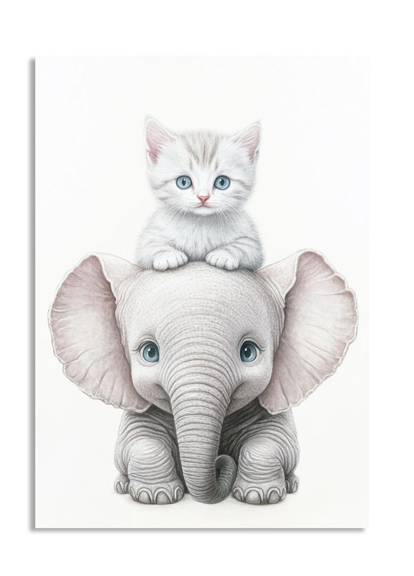 Illustration of a kitten sitting on an elephant's head with a white background , as a premium aluminum metal print from GoMetalPrint.
