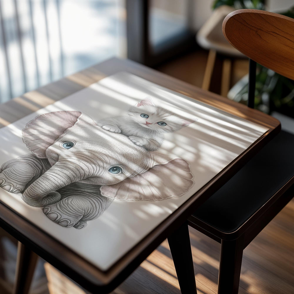 Illustration of a kitten sitting on an elephant's head with a white background , as a premium aluminum metal print from GoMetalPrint.
