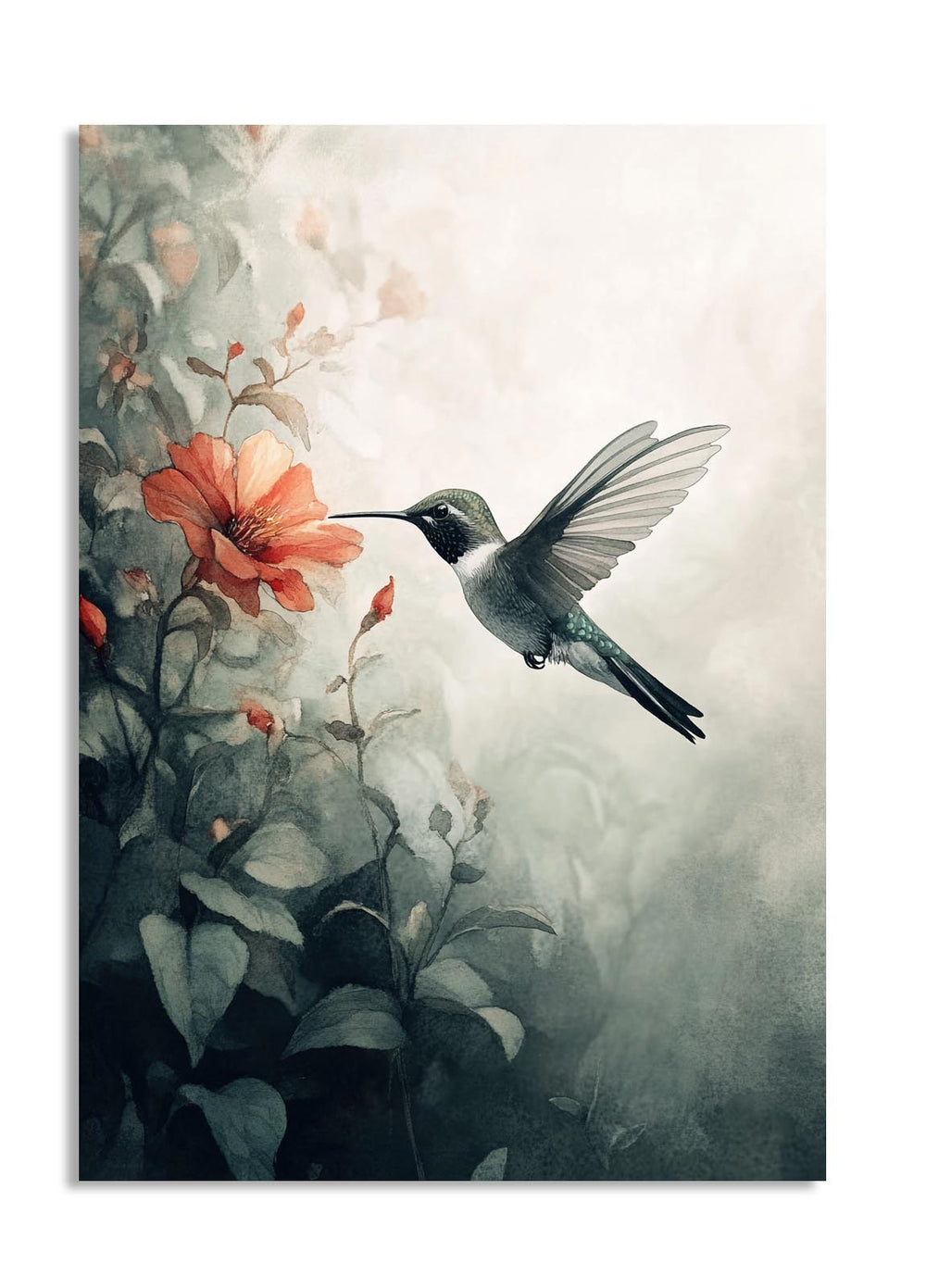 Hummingbird and floral painting with a soft, pastel background, as a premium aluminum metal print from GoMetalPrint.
