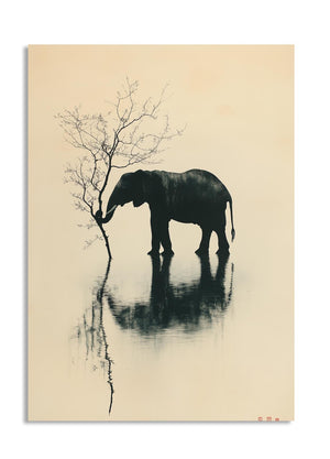 Silhouette of an elephant by a tree reflected in water on a beige background , as a premium aluminum metal print from GoMetalPrint.
