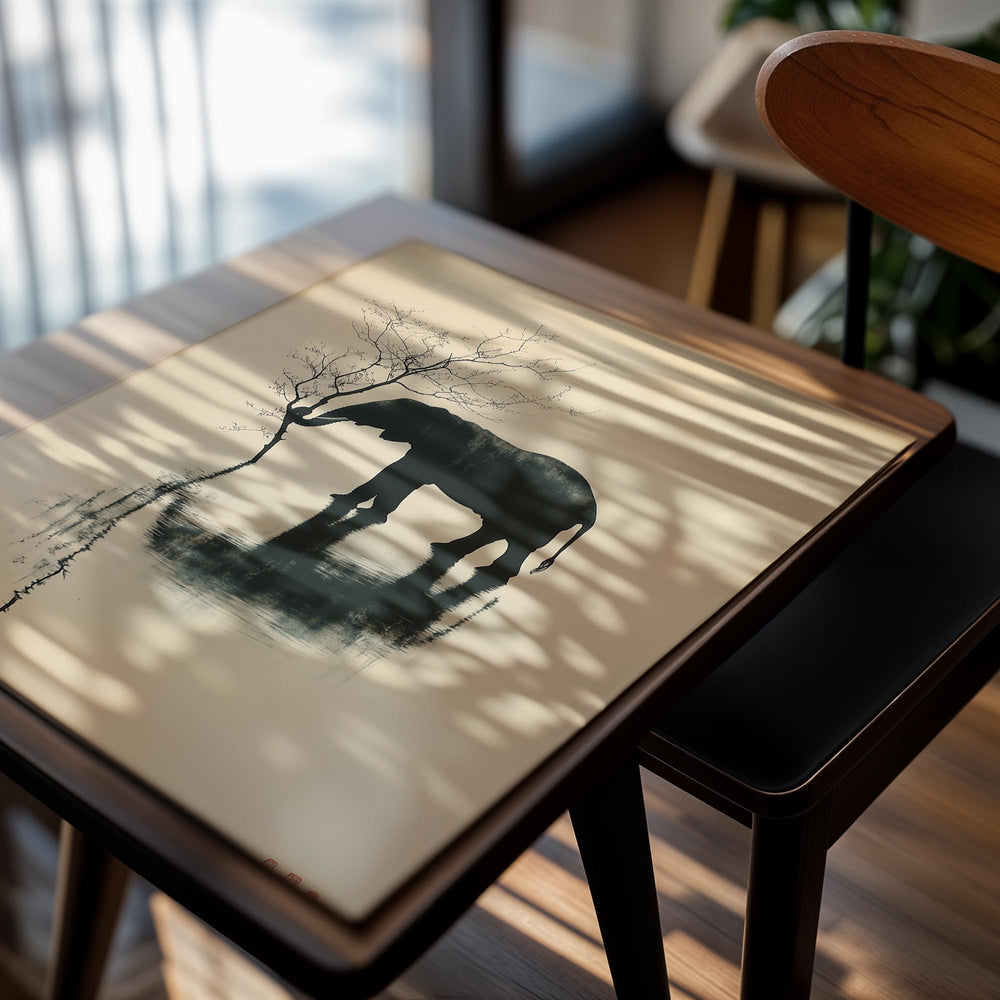 Silhouette of an elephant by a tree reflected in water on a beige background , as a premium aluminum metal print from GoMetalPrint.
